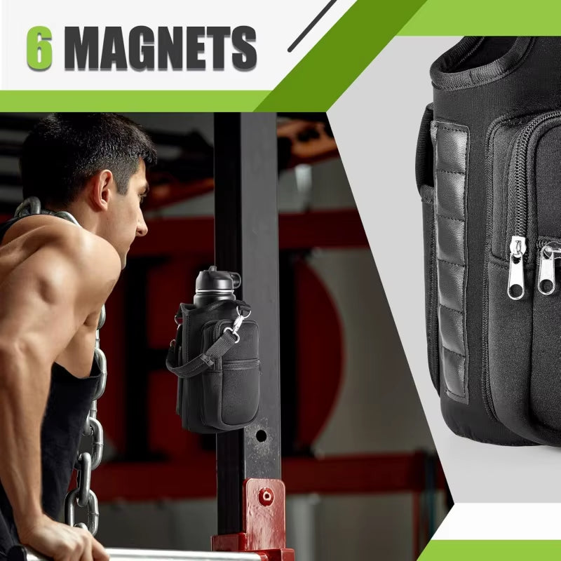 MagnaGrip Water Bottle Carrier – Magnetic Gym Holder with Phone Pocket & Shoulder Strap