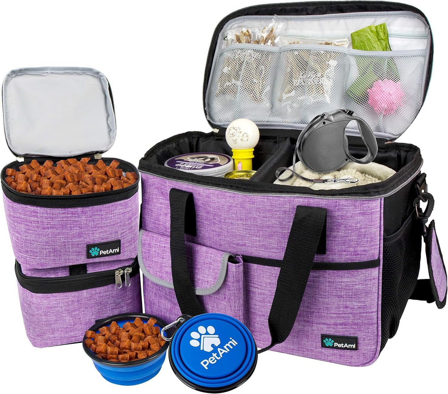 PawVoyage Dog Travel Bag Organizer – Food Storage Tote with Containers & Bowls for Weekend Trips, Camping, or Air Travel (Pink, Medium)