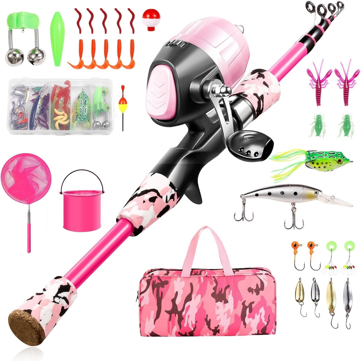 MiniCast Adventure Kids Fishing Pole Set – Telescopic Rod & Reel Combo Kit with Lures, Line, and Carry Bag for Boys, Girls & Youth