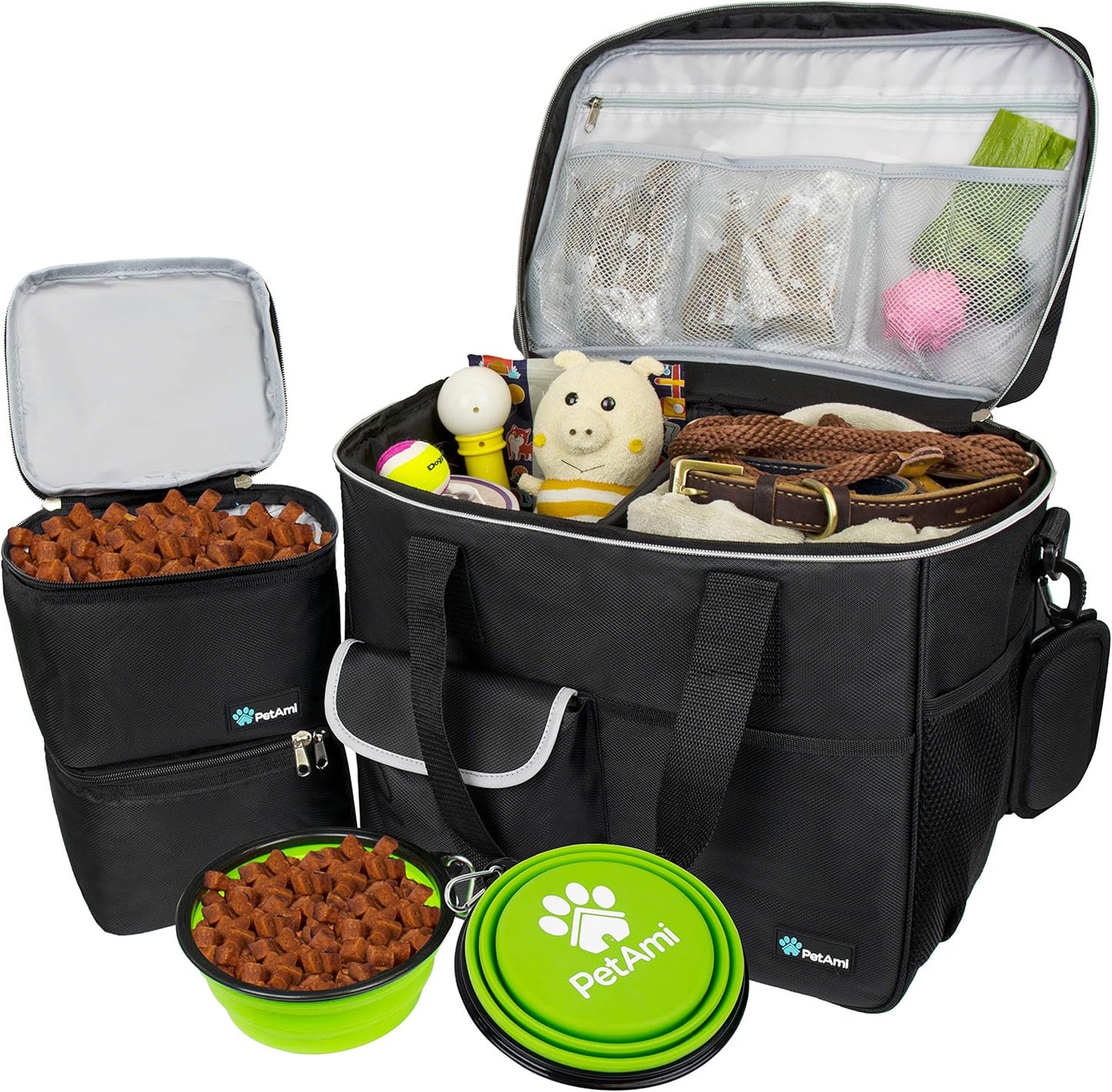 PawVoyage Dog Travel Bag Organizer – Food Storage Tote with Containers & Bowls for Weekend Trips, Camping, or Air Travel (Pink, Medium)