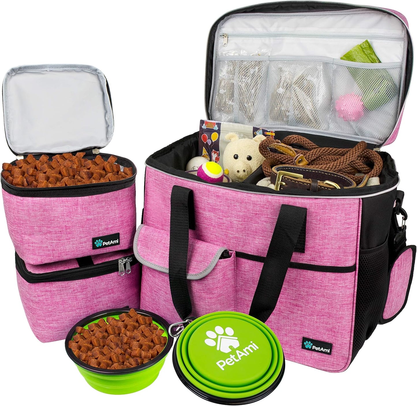 PawVoyage Dog Travel Bag Organizer – Food Storage Tote with Containers & Bowls for Weekend Trips, Camping, or Air Travel (Pink, Medium)