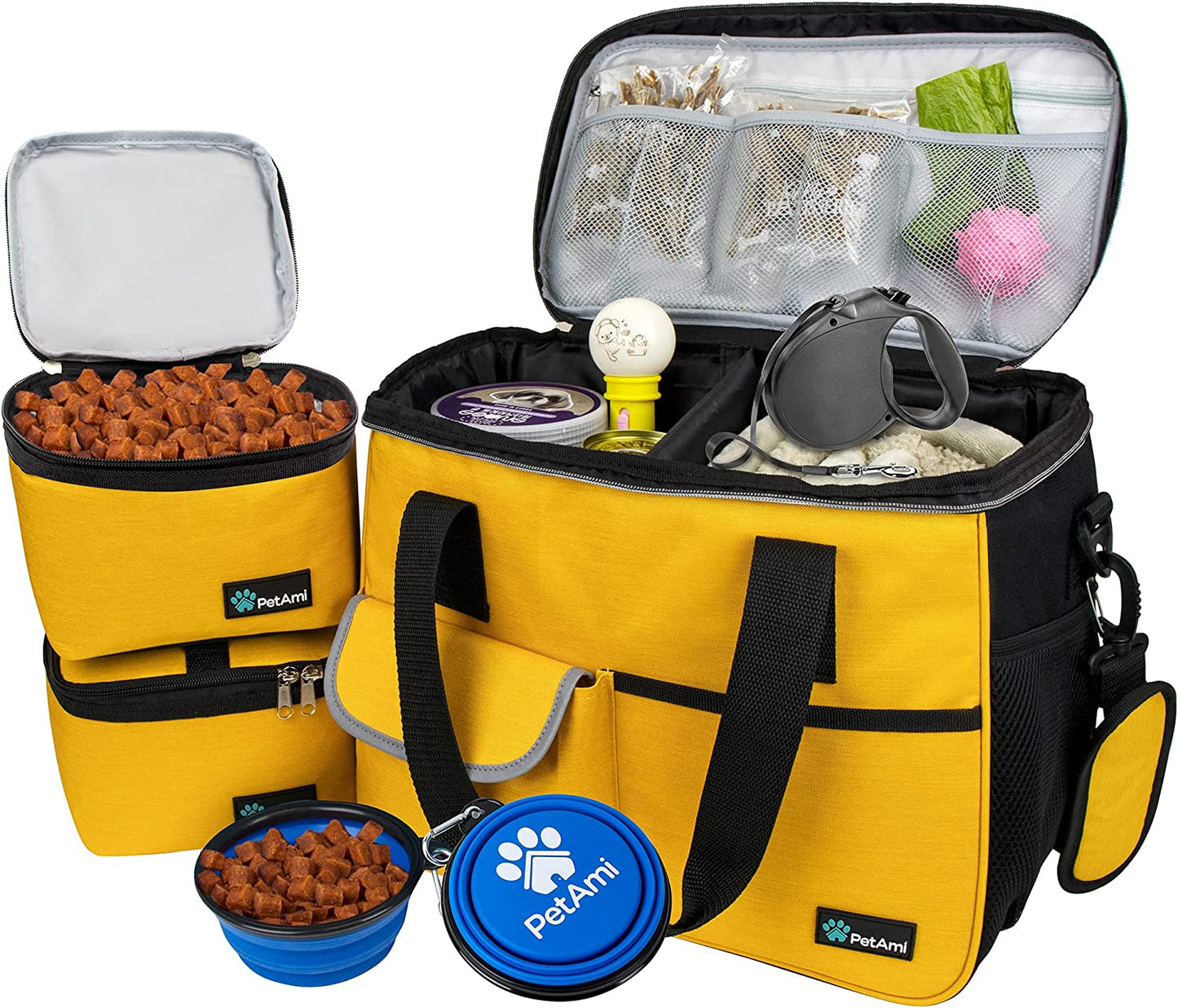 PawVoyage Dog Travel Bag Organizer – Food Storage Tote with Containers & Bowls for Weekend Trips, Camping, or Air Travel (Pink, Medium)