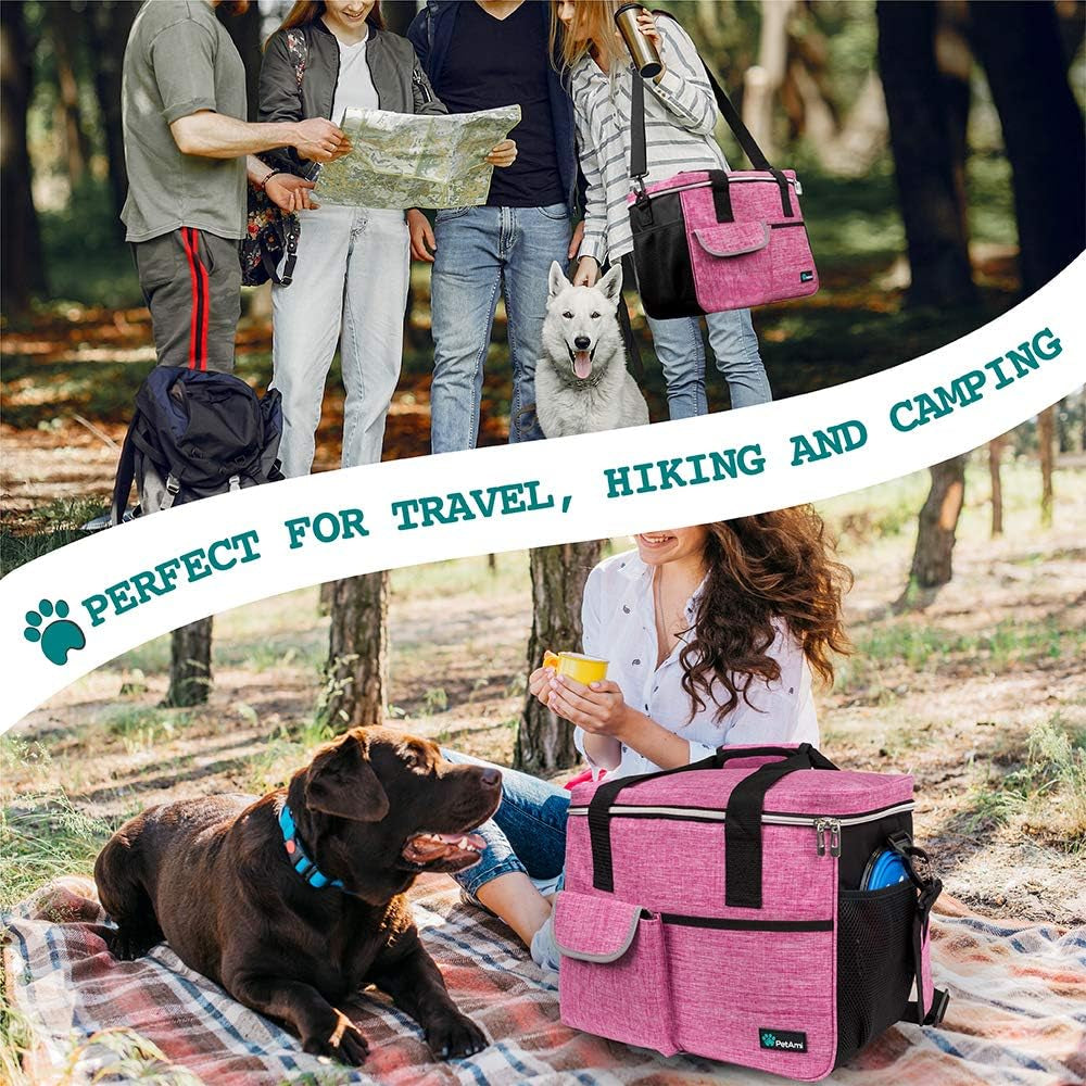 PawVoyage Dog Travel Bag Organizer – Food Storage Tote with Containers & Bowls for Weekend Trips, Camping, or Air Travel (Pink, Medium)