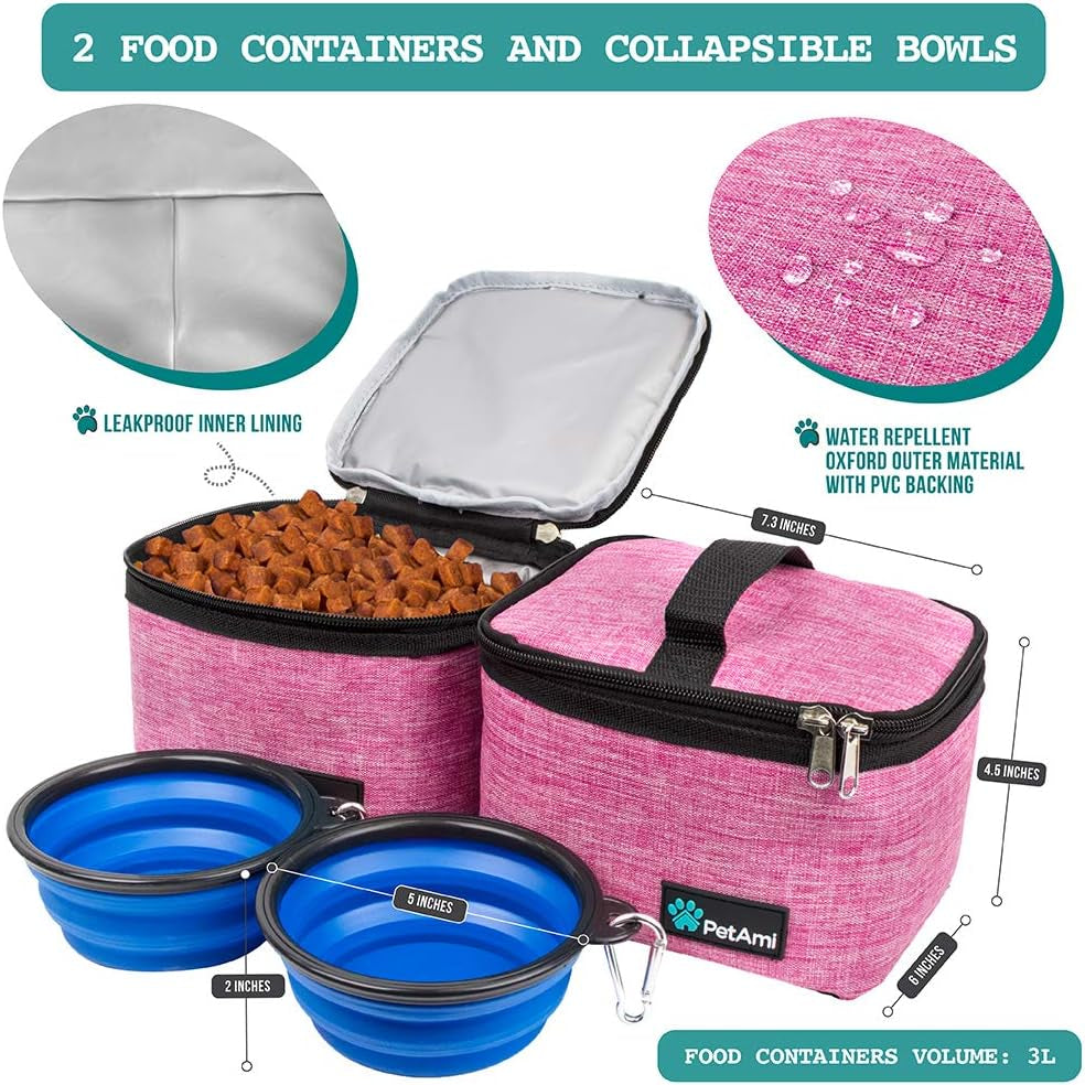 PawVoyage Dog Travel Bag Organizer – Food Storage Tote with Containers & Bowls for Weekend Trips, Camping, or Air Travel (Pink, Medium)