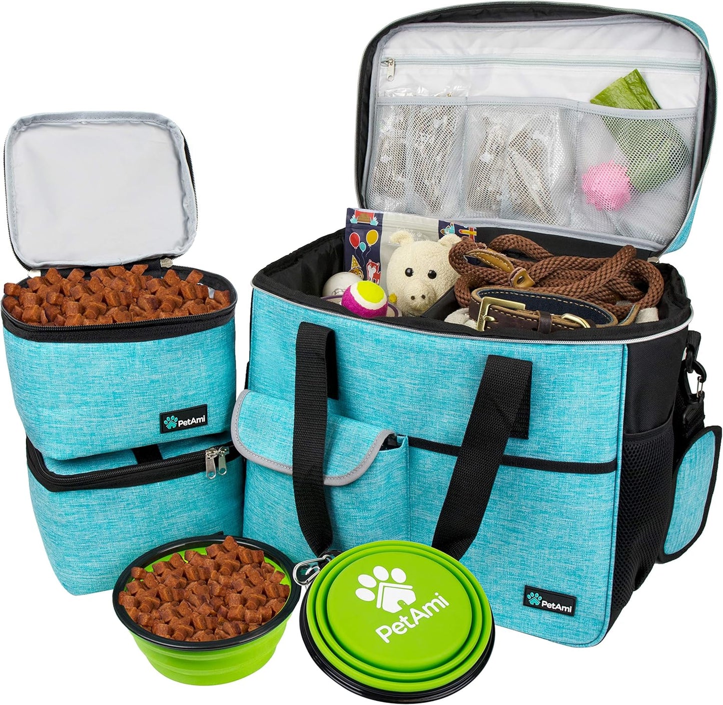 PawVoyage Dog Travel Bag Organizer – Food Storage Tote with Containers & Bowls for Weekend Trips, Camping, or Air Travel (Pink, Medium)