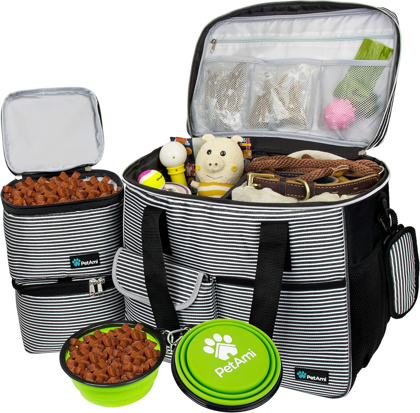 PawVoyage Dog Travel Bag Organizer – Food Storage Tote with Containers & Bowls for Weekend Trips, Camping, or Air Travel (Pink, Medium)