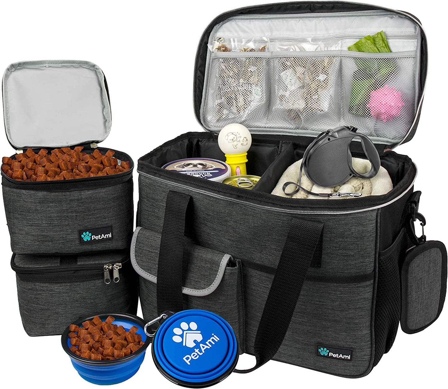 PawVoyage Dog Travel Bag Organizer – Food Storage Tote with Containers & Bowls for Weekend Trips, Camping, or Air Travel (Pink, Medium)