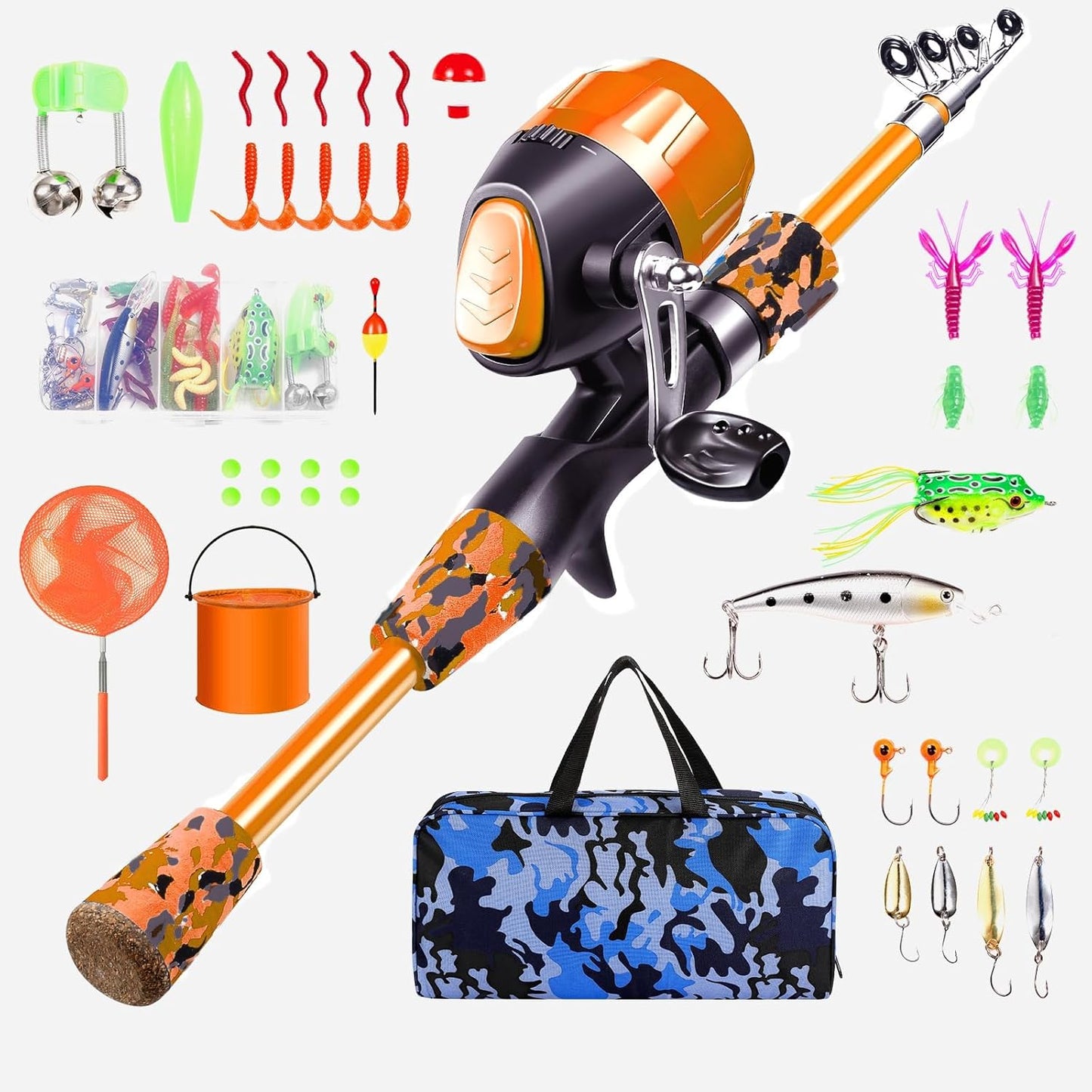 MiniCast Adventure Kids Fishing Pole Set – Telescopic Rod & Reel Combo Kit with Lures, Line, and Carry Bag for Boys, Girls & Youth