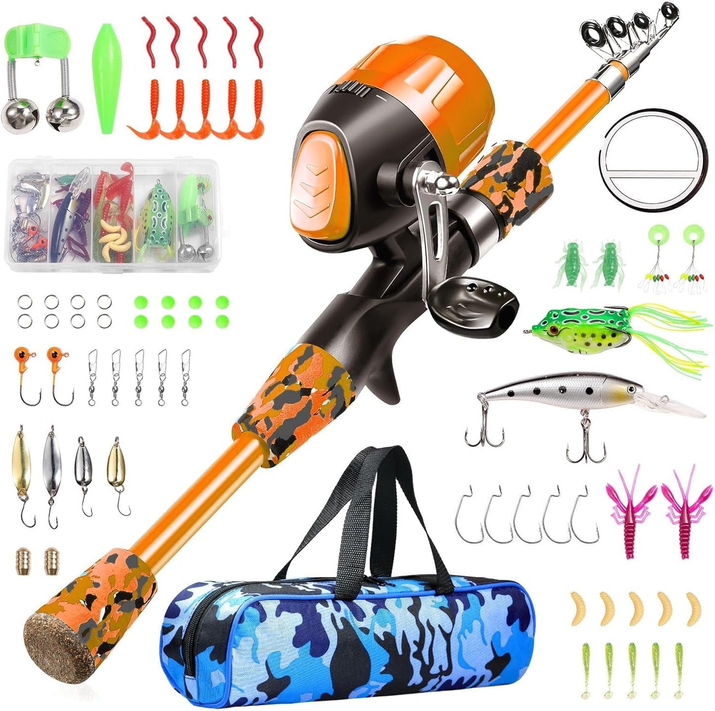 MiniCast Adventure Kids Fishing Pole Set – Telescopic Rod & Reel Combo Kit with Lures, Line, and Carry Bag for Boys, Girls & Youth