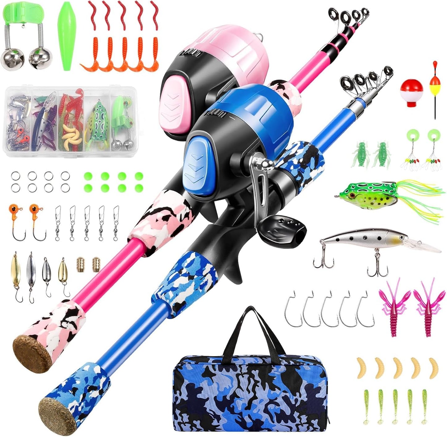 MiniCast Adventure Kids Fishing Pole Set – Telescopic Rod & Reel Combo Kit with Lures, Line, and Carry Bag for Boys, Girls & Youth