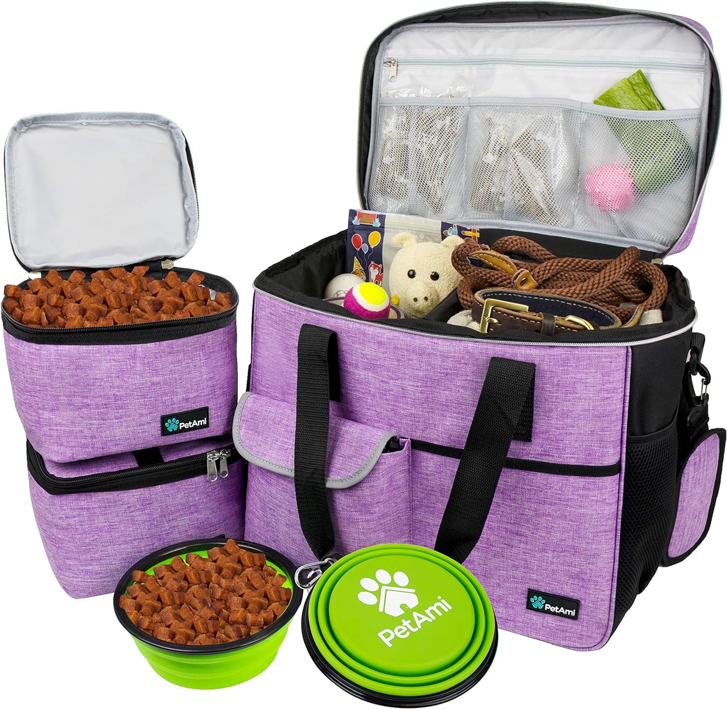 PawVoyage Dog Travel Bag Organizer – Food Storage Tote with Containers & Bowls for Weekend Trips, Camping, or Air Travel (Pink, Medium)