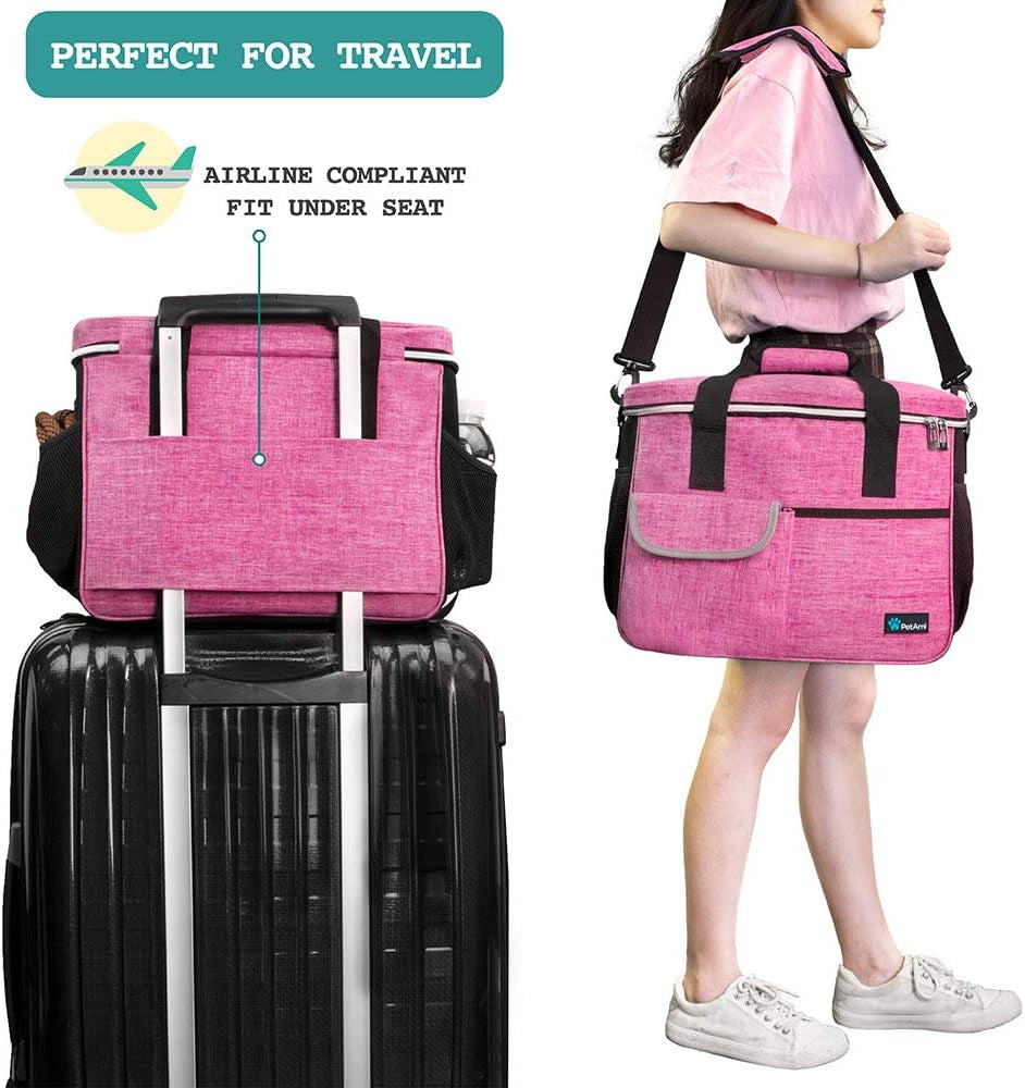 PawVoyage Dog Travel Bag Organizer – Food Storage Tote with Containers & Bowls for Weekend Trips, Camping, or Air Travel (Pink, Medium)
