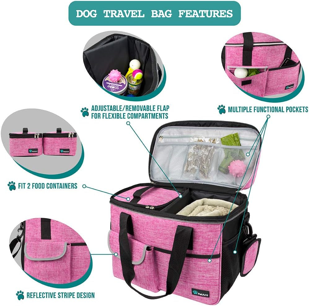 PawVoyage Dog Travel Bag Organizer – Food Storage Tote with Containers & Bowls for Weekend Trips, Camping, or Air Travel (Pink, Medium)