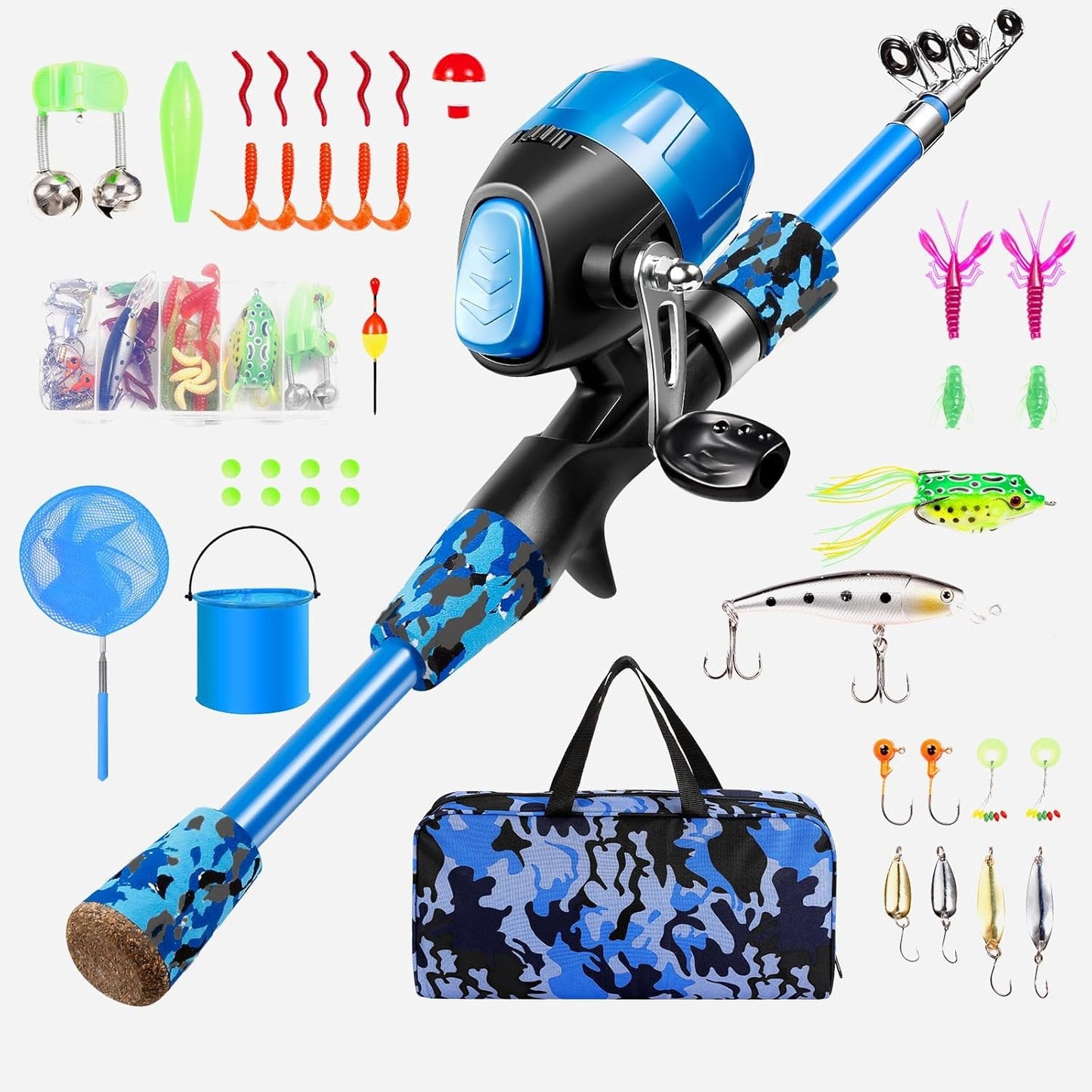 MiniCast Adventure Kids Fishing Pole Set – Telescopic Rod & Reel Combo Kit with Lures, Line, and Carry Bag for Boys, Girls & Youth
