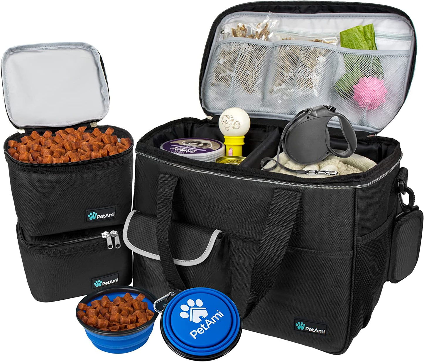 PawVoyage Dog Travel Bag Organizer – Food Storage Tote with Containers & Bowls for Weekend Trips, Camping, or Air Travel (Pink, Medium)