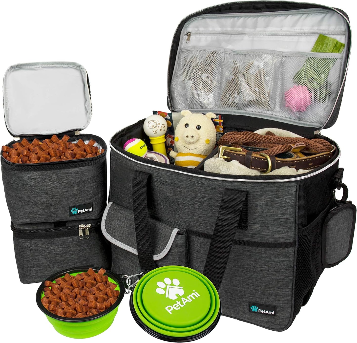 PawVoyage Dog Travel Bag Organizer – Food Storage Tote with Containers & Bowls for Weekend Trips, Camping, or Air Travel (Pink, Medium)