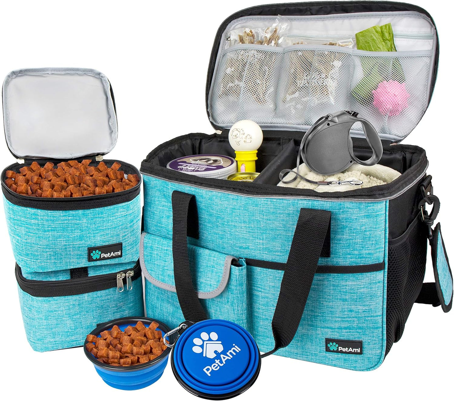 PawVoyage Dog Travel Bag Organizer – Food Storage Tote with Containers & Bowls for Weekend Trips, Camping, or Air Travel (Pink, Medium)