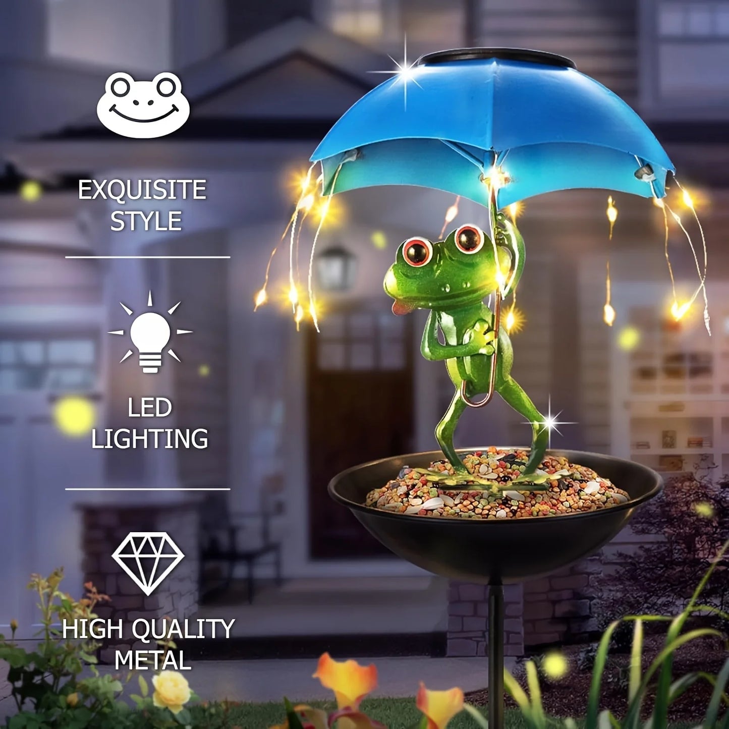 SolarFrog Outdoor Garden Statue Light – LED Solar Frog with Bird Feeder & Decorative Lawn Ornament