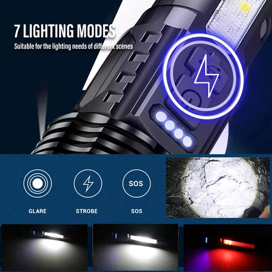 Powerful XHP50 LED Flashlight – Waterproof USB Rechargeable Torch with Zoom, Side Light, 7 Modes for Camping, Fishing, Emergency Use