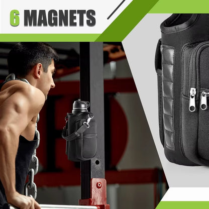 MagnaGrip Water Bottle Carrier – Magnetic Gym Holder with Phone Pocket & Shoulder Strap