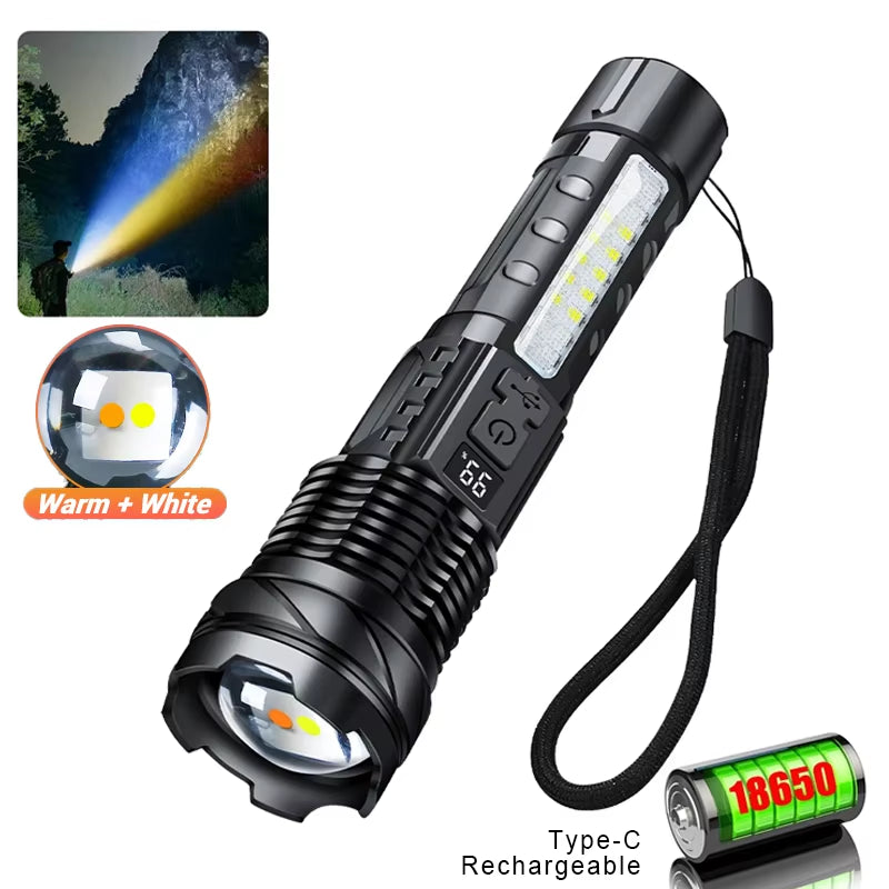 Powerful XHP50 LED Flashlight – Waterproof USB Rechargeable Torch with Zoom, Side Light, 7 Modes for Camping, Fishing, Emergency Use