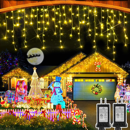 WinterGlow Cascade Ice Lights 49FT 480 LED Outdoor Icicle String Lights with 8 Modes Waterproof Timer Memory for Christmas Yard Garden Patio Decor
