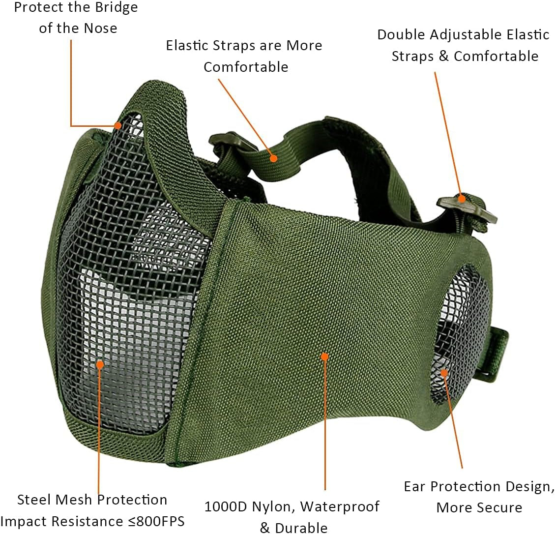 BattleMesh Airsoft Defense Set – Half Face Mesh Mask with Ear Protection & Tactical Goggles for Paintball, BB Gun, and CS Survival Games