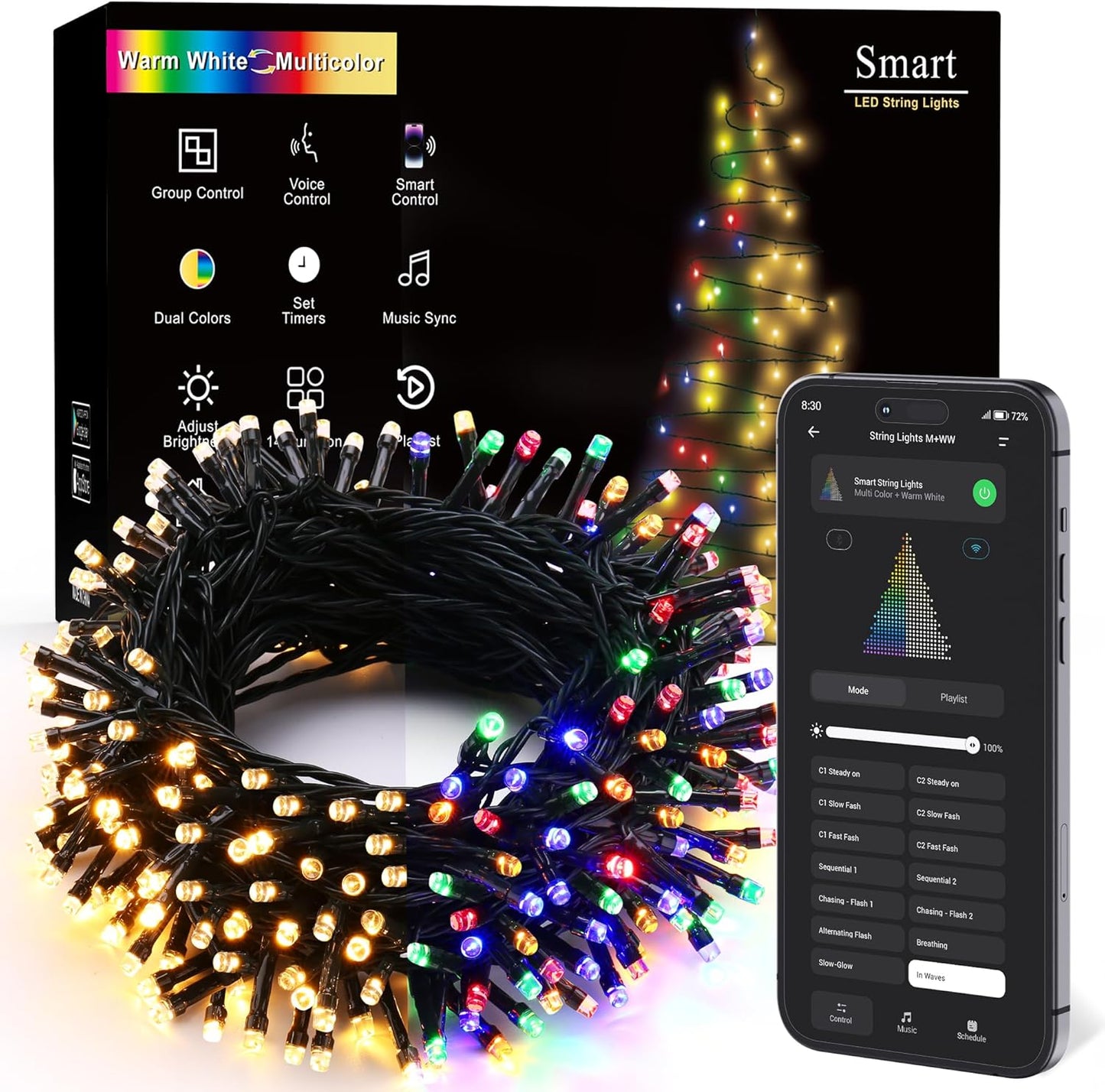 ColorWave Dual Glow Christmas Lights 65.67FT 200 LED Color Changing Tree Lights with 11 Modes Remote Connectable 29V Safe Adapter