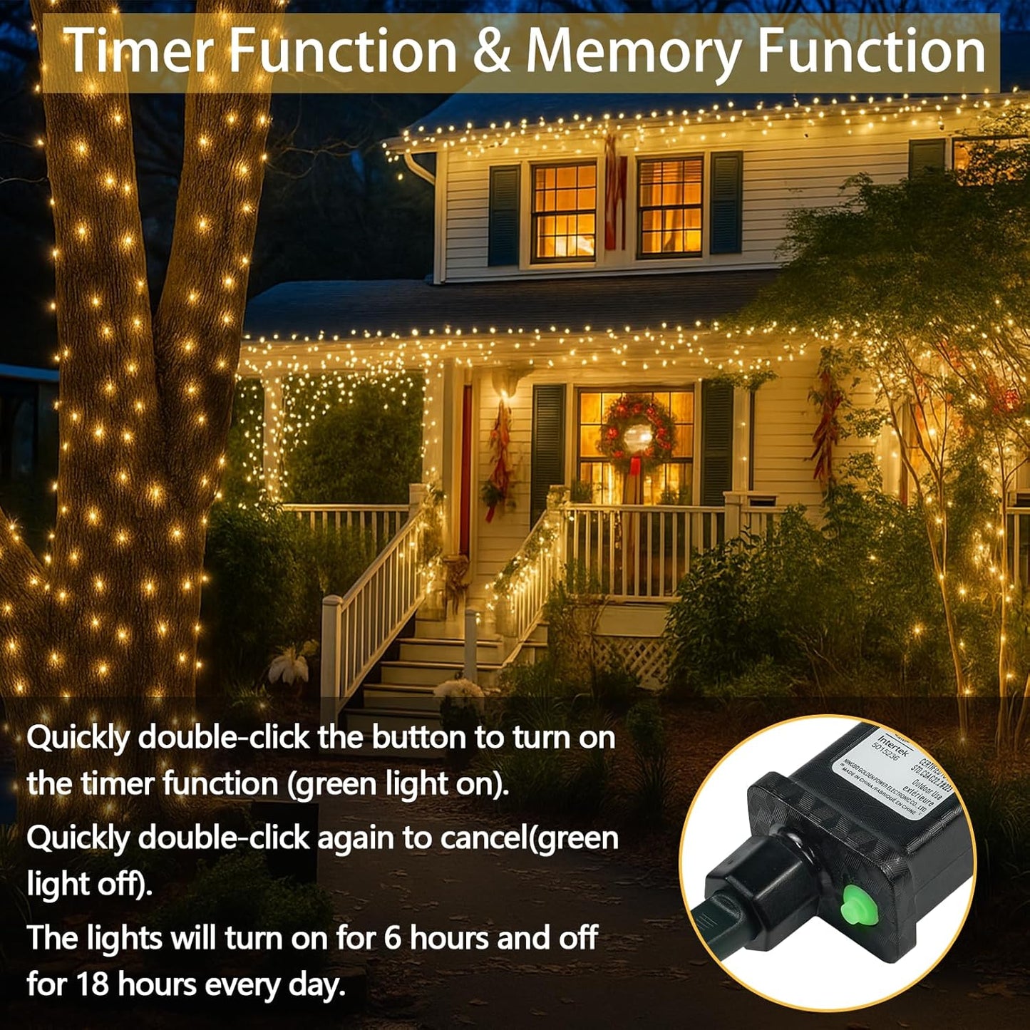 GlowLink 200 LED Connectable Christmas Lights 66FT Warm White String Lights with 13 Modes Waterproof Plug-In Fairy Lights