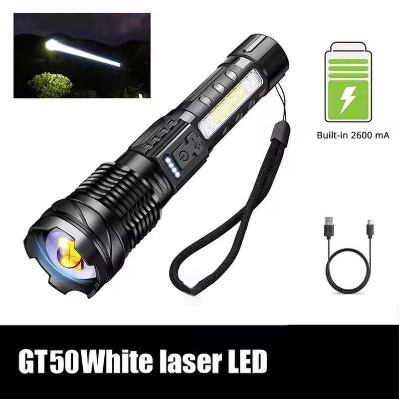 Powerful XHP50 LED Flashlight – Waterproof USB Rechargeable Torch with Zoom, Side Light, 7 Modes for Camping, Fishing, Emergency Use