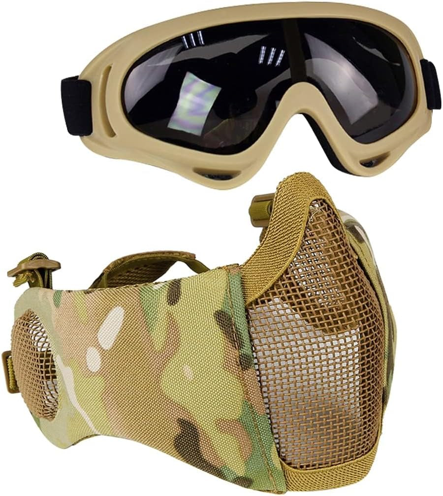 BattleMesh Airsoft Defense Set – Half Face Mesh Mask with Ear Protection & Tactical Goggles for Paintball, BB Gun, and CS Survival Games