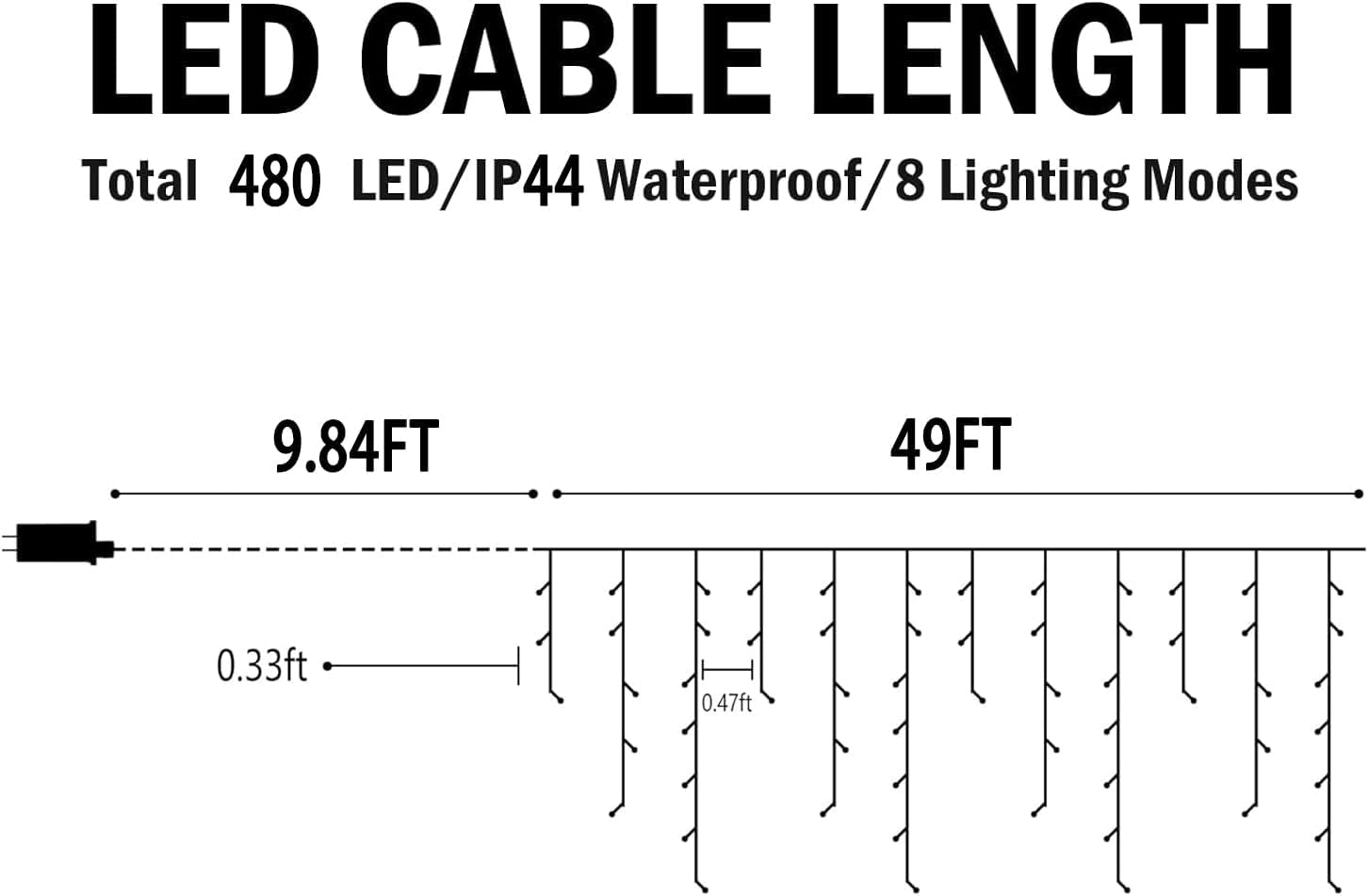 WinterGlow Cascade Ice Lights 49FT 480 LED Outdoor Icicle String Lights with 8 Modes Waterproof Timer Memory for Christmas Yard Garden Patio Decor