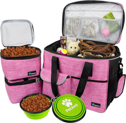 PawVoyage Dog Travel Bag Organizer – Food Storage Tote with Containers & Bowls for Weekend Trips, Camping, or Air Travel (Pink, Medium)