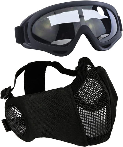 BattleMesh Airsoft Defense Set – Half Face Mesh Mask with Ear Protection & Tactical Goggles for Paintball, BB Gun, and CS Survival Games