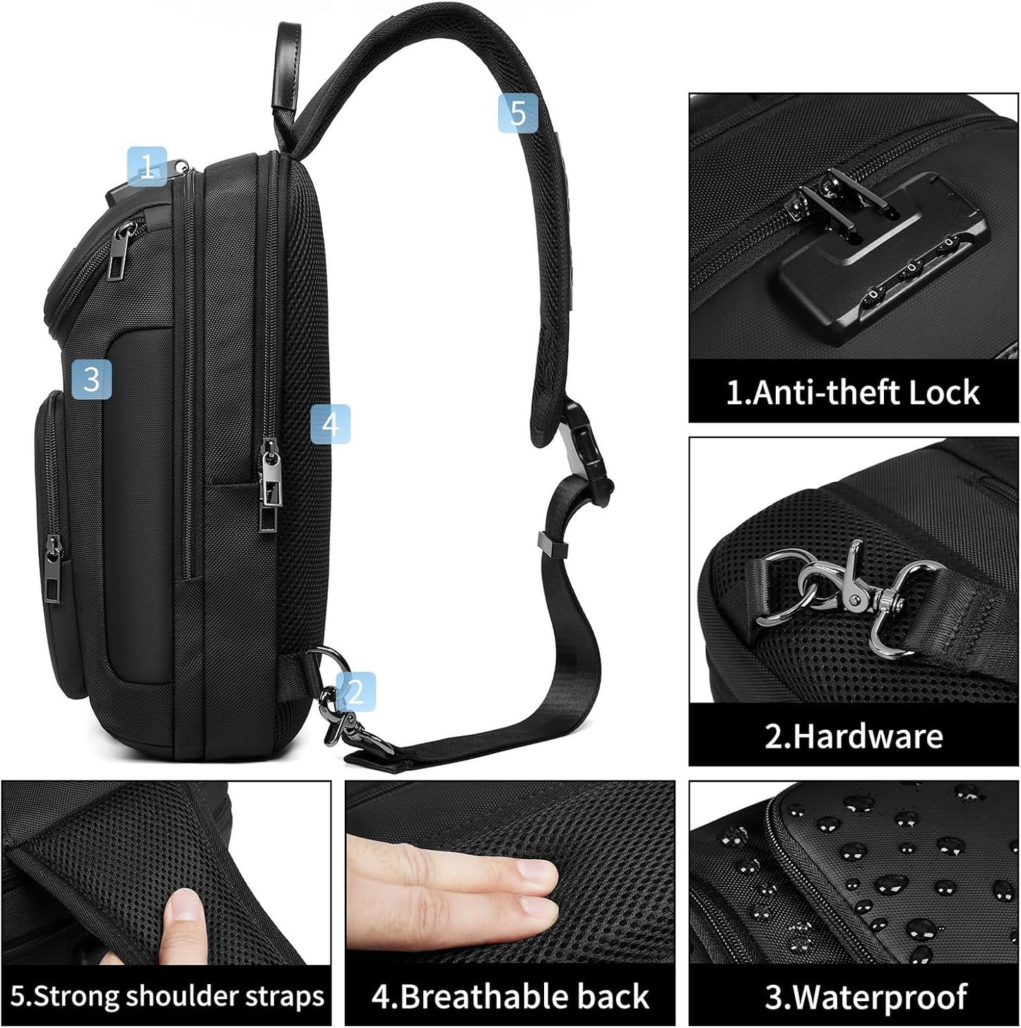 UrbanTrail 3-Way Sling Backpack – Waterproof Crossbody Shoulder Bag with Anti-Theft Lock & 11-Inch Tablet Compartment
