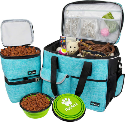 PawVoyage Dog Travel Bag Organizer – Food Storage Tote with Containers & Bowls for Weekend Trips, Camping, or Air Travel (Pink, Medium)