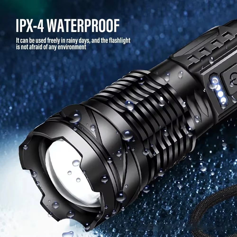 Powerful XHP50 LED Flashlight – Waterproof USB Rechargeable Torch with Zoom, Side Light, 7 Modes for Camping, Fishing, Emergency Use