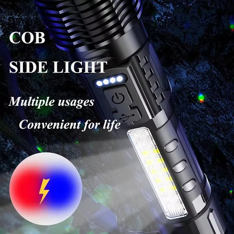 Powerful XHP50 LED Flashlight – Waterproof USB Rechargeable Torch with Zoom, Side Light, 7 Modes for Camping, Fishing, Emergency Use