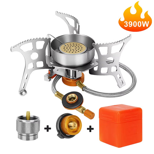 CampForge 3900W Windproof Hiking Stove – Portable Gas Burner with Piezo Ignition, Folding Design & Multi-Fuel Adapters