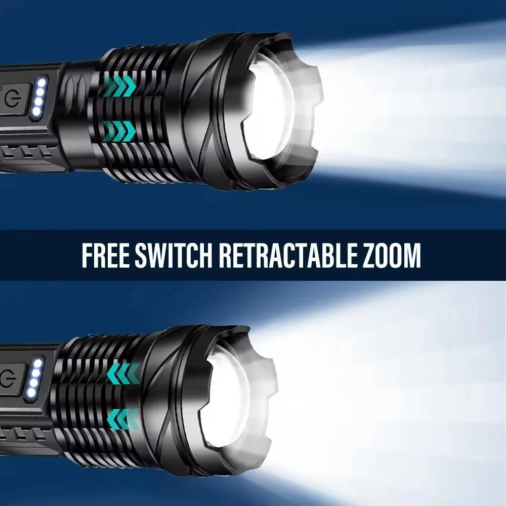 Powerful XHP50 LED Flashlight – Waterproof USB Rechargeable Torch with Zoom, Side Light, 7 Modes for Camping, Fishing, Emergency Use