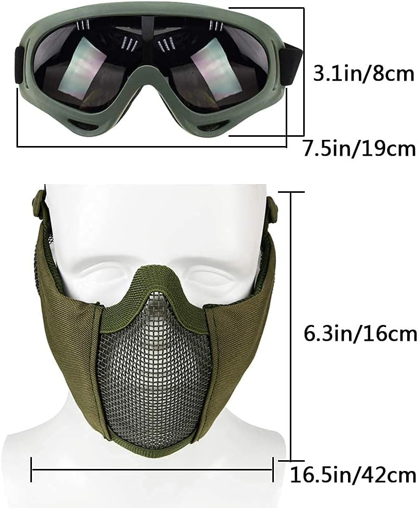 BattleMesh Airsoft Defense Set – Half Face Mesh Mask with Ear Protection & Tactical Goggles for Paintball, BB Gun, and CS Survival Games