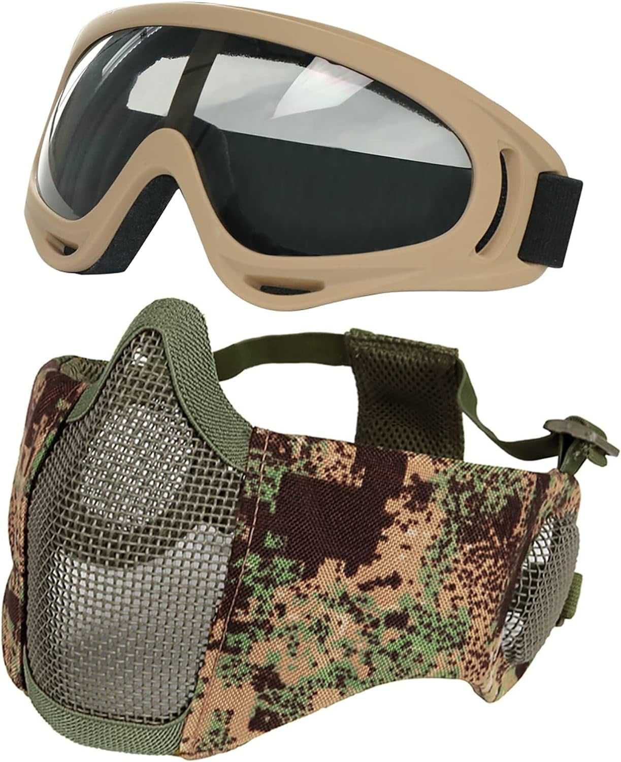 BattleMesh Airsoft Defense Set – Half Face Mesh Mask with Ear Protection & Tactical Goggles for Paintball, BB Gun, and CS Survival Games