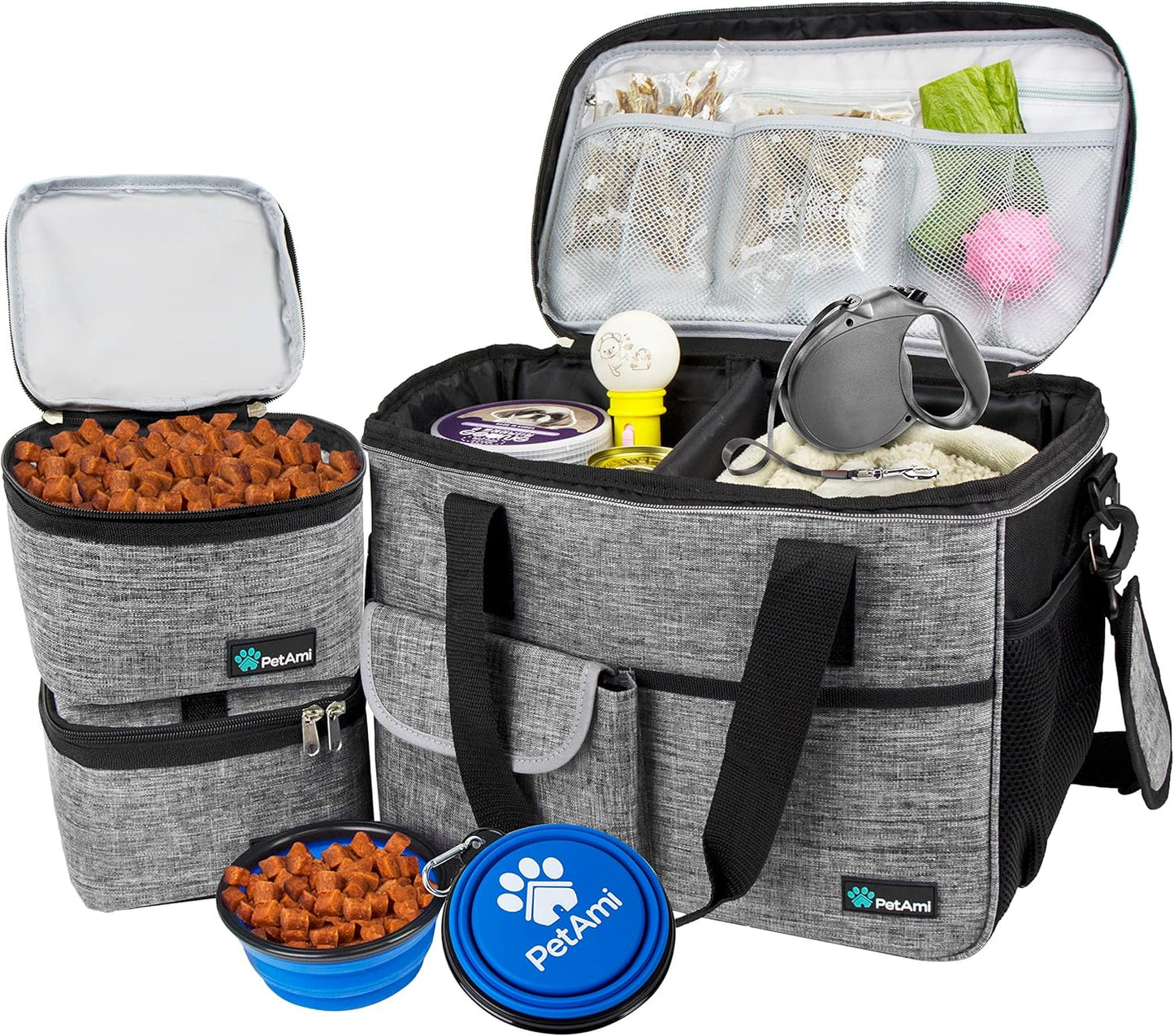 PawVoyage Dog Travel Bag Organizer – Food Storage Tote with Containers & Bowls for Weekend Trips, Camping, or Air Travel (Pink, Medium)