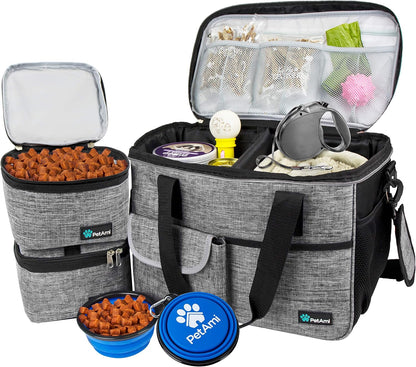 PawVoyage Dog Travel Bag Organizer – Food Storage Tote with Containers & Bowls for Weekend Trips, Camping, or Air Travel (Pink, Medium)