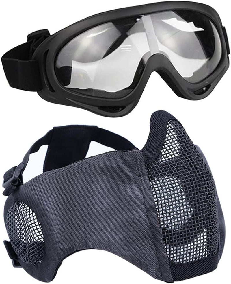 BattleMesh Airsoft Defense Set – Half Face Mesh Mask with Ear Protection & Tactical Goggles for Paintball, BB Gun, and CS Survival Games