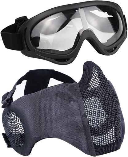 BattleMesh Airsoft Defense Set – Half Face Mesh Mask with Ear Protection & Tactical Goggles for Paintball, BB Gun, and CS Survival Games