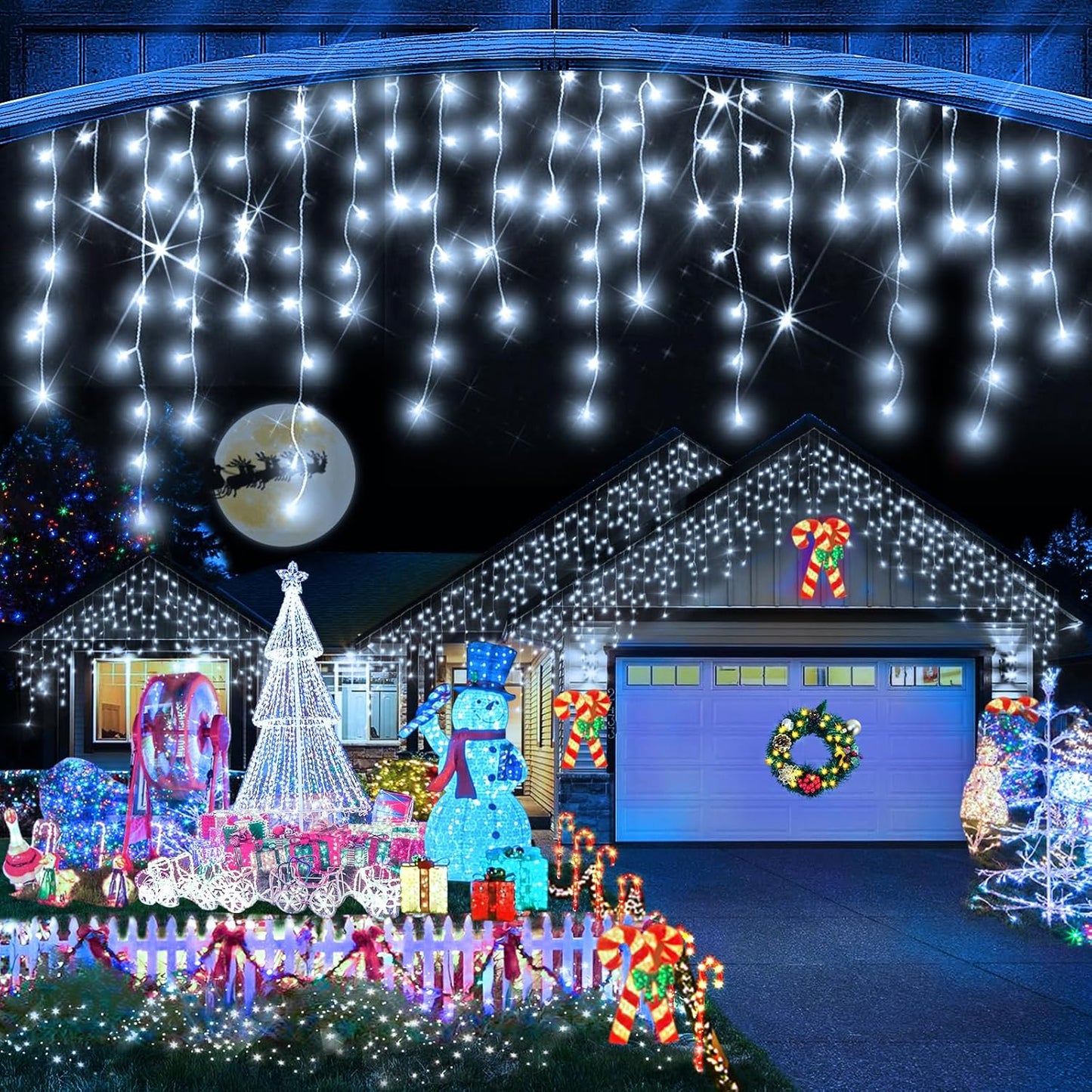 WinterGlow Cascade Ice Lights 49FT 480 LED Outdoor Icicle String Lights with 8 Modes Waterproof Timer Memory for Christmas Yard Garden Patio Decor