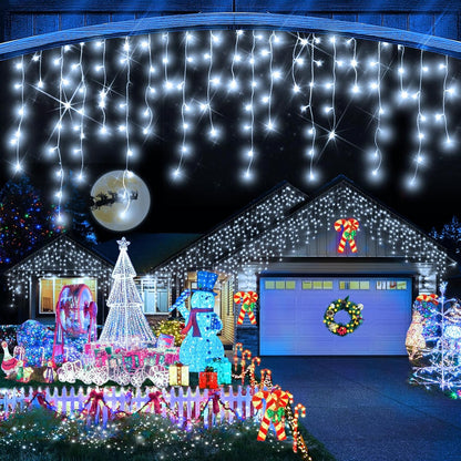 WinterGlow Cascade Ice Lights 49FT 480 LED Outdoor Icicle String Lights with 8 Modes Waterproof Timer Memory for Christmas Yard Garden Patio Decor