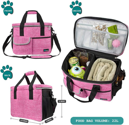 PawVoyage Dog Travel Bag Organizer – Food Storage Tote with Containers & Bowls for Weekend Trips, Camping, or Air Travel (Pink, Medium)
