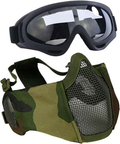 BattleMesh Airsoft Defense Set – Half Face Mesh Mask with Ear Protection & Tactical Goggles for Paintball, BB Gun, and CS Survival Games